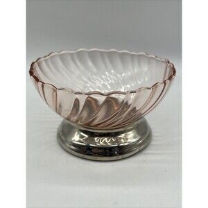 Vintage 1960's Arcoroc French Pink Swirl Large Glass Bowl On  Silver Stand